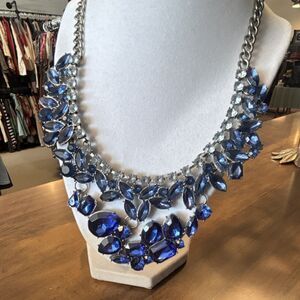SUGARFIX Statement Bib Necklace Blue Glass Silver Tone Marquise Pear Round